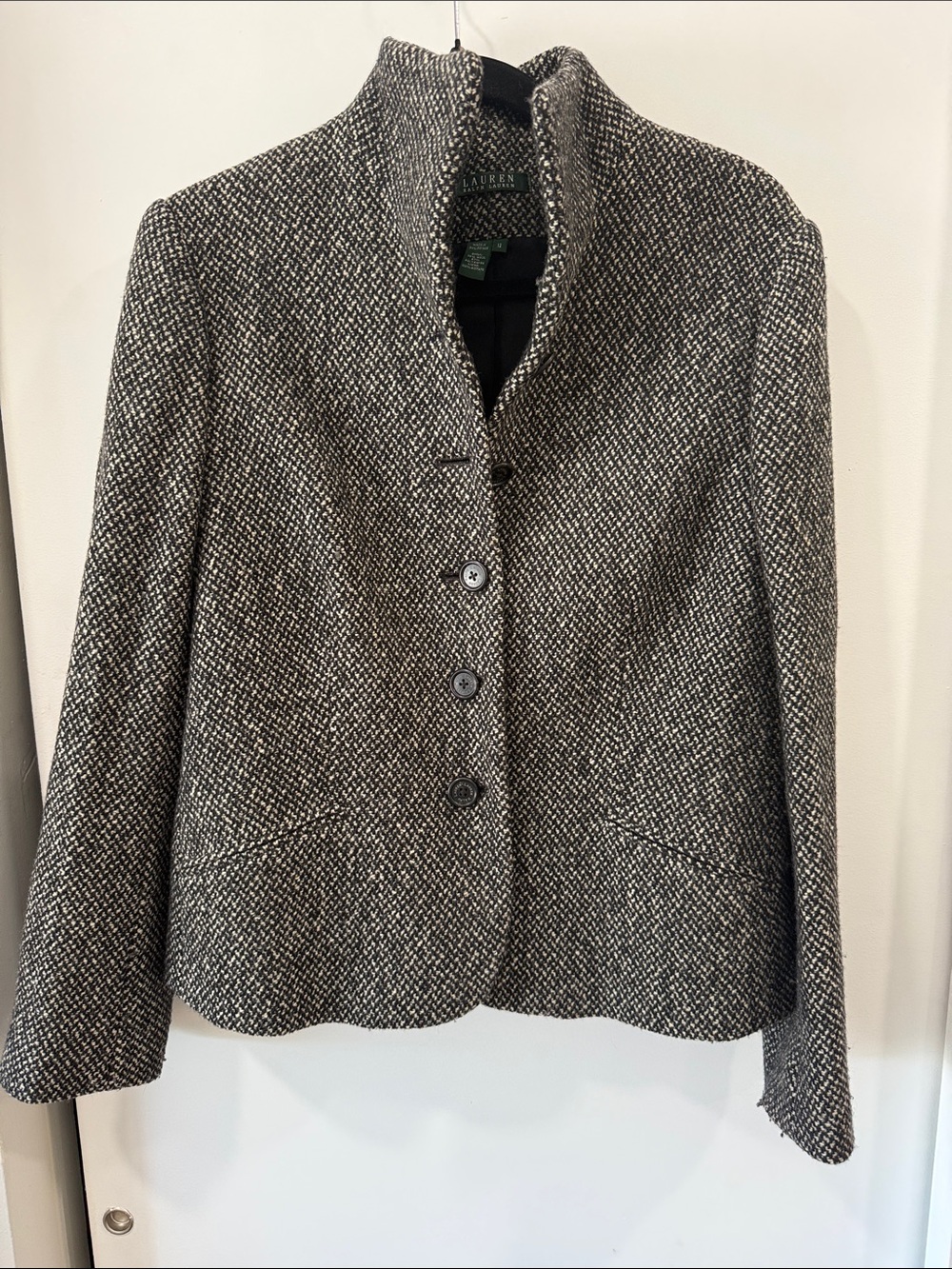 Ralph Lauren Black and White Tweed Stand-Collar Button Jacket